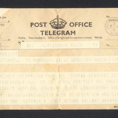 Telegram to Desmond O’Connell&#039;s father from the Royal Air Force